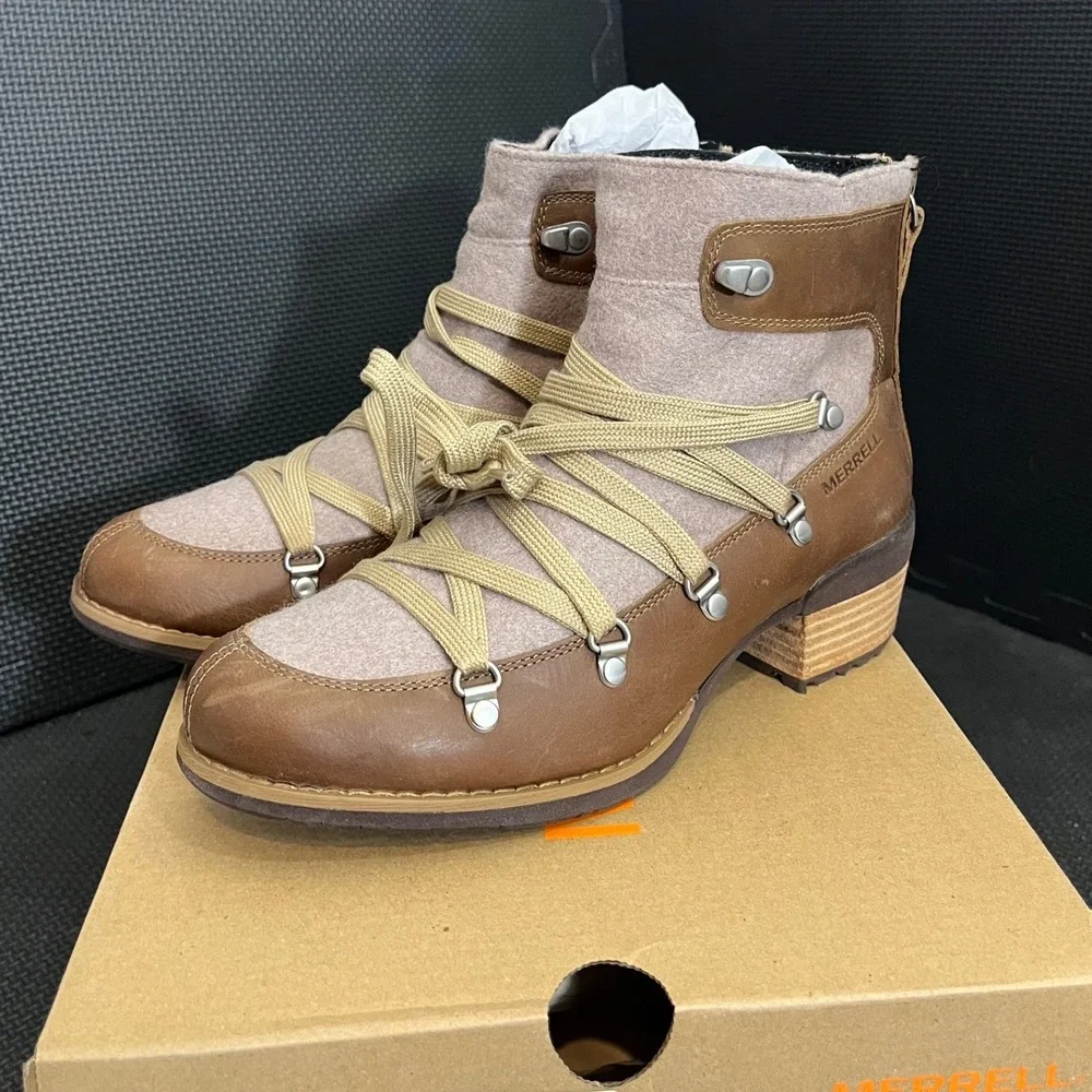 NEW Merrell Shiloh II Warm Boots Womens‎ 7 Camel Leather Wool Lace Up J004422